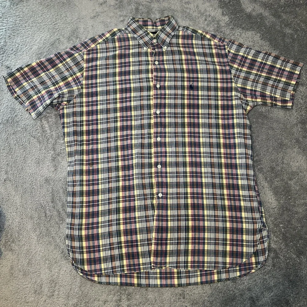 VTG Ralph Lauren Mcmeel Short Sleeve Plaid Polo Button Down Shirt Navy Pony SZ L